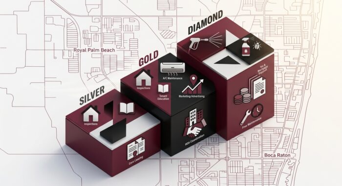 A modern graphic displaying three tier levels in shades of dark red, white, and black set against a subtle residential building background. Property Management.