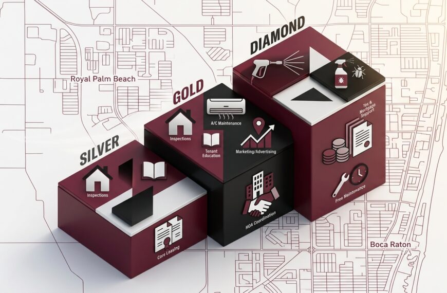 A modern graphic displaying three tier levels in shades of dark red, white, and black set against a subtle residential building background. Property Management.