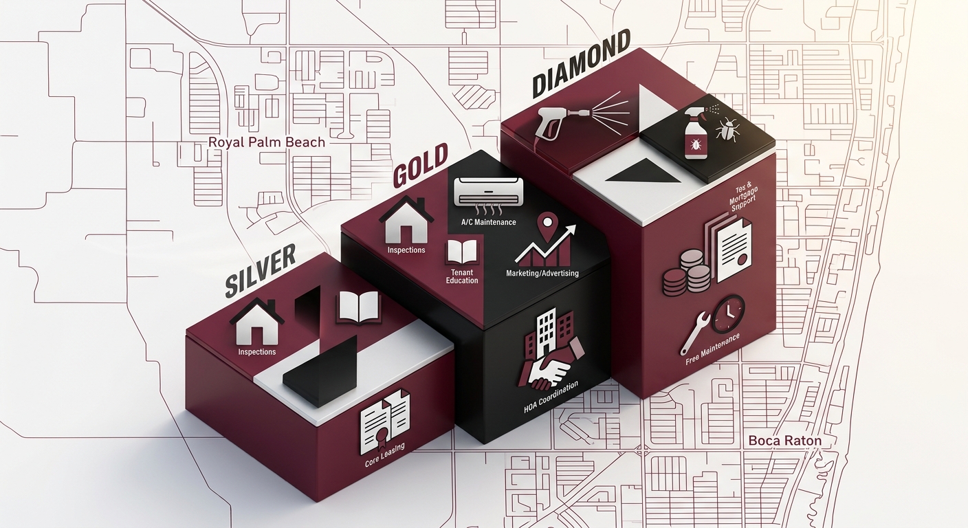 A modern graphic displaying three tier levels in shades of dark red, white, and black set against a subtle residential building background. Property Management.