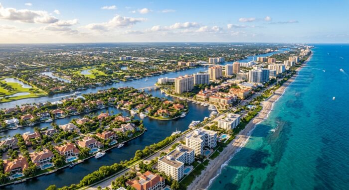 Aerial view of luxury oceanfront high-rises and waterfront estate homes along the Intracoastal Waterway in Boca Raton, Florida