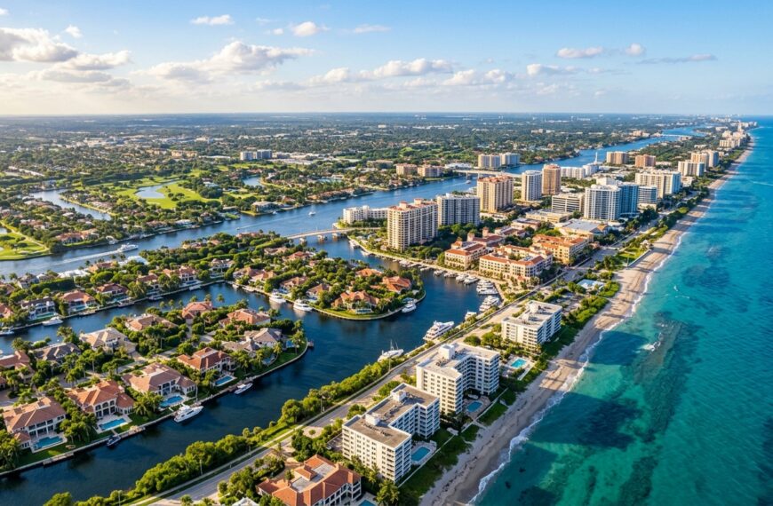 Aerial view of luxury oceanfront high-rises and waterfront estate homes along the Intracoastal Waterway in Boca Raton, Florida